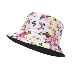 Reversible tie-dye bucket hat with yellow pink butterfly print for outdoor sun protection