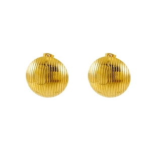 Close-up of golden geometric stud earrings featuring elegant vertical ribbed textures