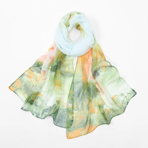 Lightweight georgette scarf with blue and orange artistic print for beachwear