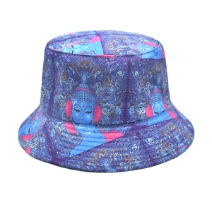 Detailed close-up of a pop art Buddha print on a purple canvas bucket hat with fine stitching