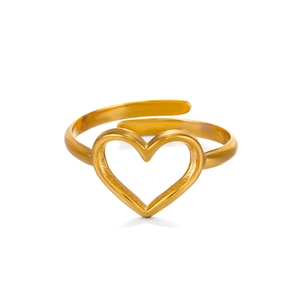 Polished 18K gold plated stainless steel open ring featuring a hollow heart design