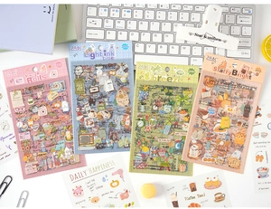 Flat lay of four themed waterproof PET sticker packs with hand-drawn floral and home designs