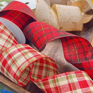 Christmas plaid burlap ribbons with gold glitter prints for DIY holiday gift wrapping