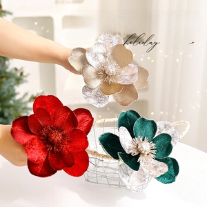 Fleurs de Noël artificielles en velours 15cm rouge, or et vert avec paillettes pour décoration
