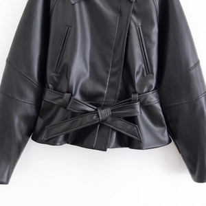 Women black PU leather baseball jacket featuring belted waist and pocket detail