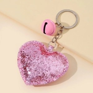 Pink heart-shaped sequin keychain with shiny bell and metal ring for bags and car keys