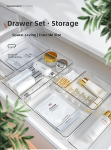 Macro detail of transparent PET drawer organizer set with non-slip bottom texture