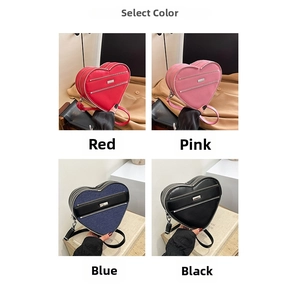 Selection of heart-shaped crossbody bags in red, pink, blue, and black leather styles