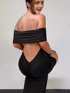 Sexy black off-shoulder backless bodycon dress with ruching detail for women
