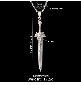 Detailed dimensions of sword pendant necklace with 70cm stainless steel chain