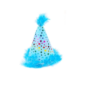 Blue sequin dog birthday party hat with fluffy feathers and holographic stars