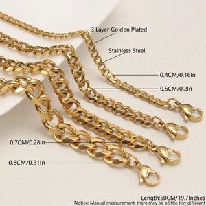 Gold stainless steel Cuban link chains in four widths from 4mm to 8mm for men's fashion