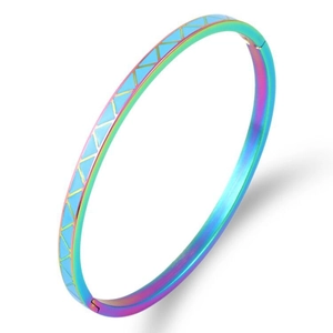 Detailed macro view of rainbow plated stainless steel bracelet with blue triangle inlay