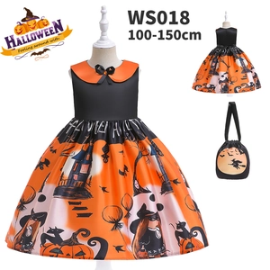 Detail view of Halloween girls pumpkin witch dress with matching drawstring bag