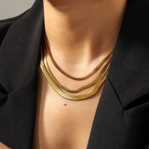 Flat Snake Chain Necklace And Bracelet For Women 18K Gold Plated Stainless Steel Non-Fading Minimalist Herringbone Jewelry
