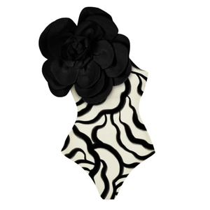 Zebra-Einteiler Badeanzug mit großer schwarzer 3D-Blumenverzierung an der Schulter