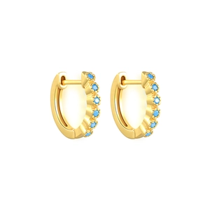 Detailed close-up of S925 silver gold hoop earrings featuring turquoise blue zircons