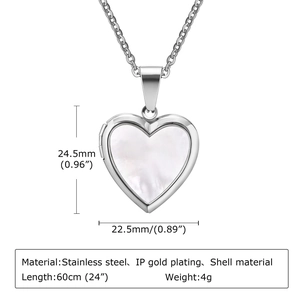 Detailed dimensions of heart locket pendant with white shell inlay and 60cm chain