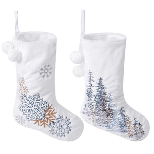 White plush Christmas stockings with silver snowflake and pine tree embroidery patterns