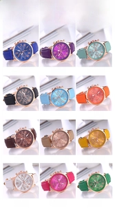 Overview of twelve colorful quartz watches with faux leather straps and Roman numerals