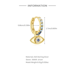 Makro-Detail der 925 Sterling Silber Creolen mit blauem Zirkonia und Böser Blick Motiv