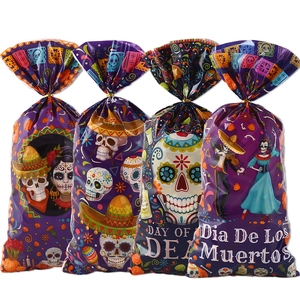 Set of 4 purple Day of the Dead plastic candy bags with skull designs and gold ties