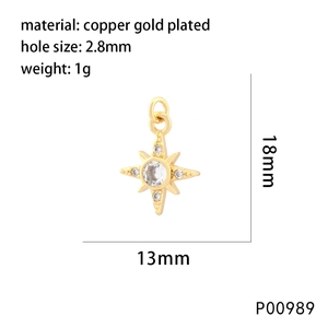 Detail view of 18k gold plated copper octagonal star pendant with cubic zirconia inlay
