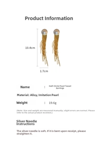 Detail view of pearl tassel earrings showing size 10.4cm by 1.7cm and metal specs