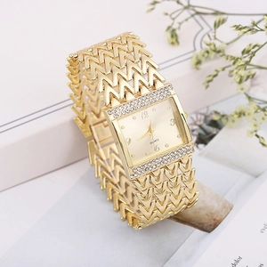 Elegant gold square quartz watch for women with V-link rhinestone strap and polished finish