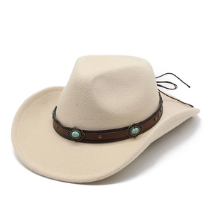 Vintage beige felt western cowboy hat with turquoise leather band and rolled brim