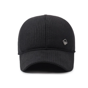 Mens winter baseball cap with ear flaps in black striped wool fabric for elderly dads