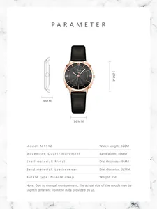 Detailed parameter table for square dial quartz watch with leather strap and metal case