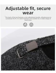 Detail of adjustable metal buckle on grey textured wool blend baseball cap for men