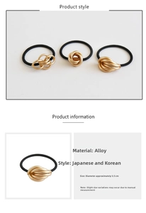 Detail of three golden geometric metal hair ties with 5.5cm diameter elastic bands