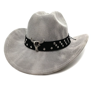 Western cowboy hat in grey woven texture with bull skull metal ornament on black band
