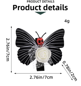 Detailed size view of gothic butterfly hair clip with skull and rose on white background
