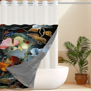 Close-up of stained glass style floral shower curtain with metal eyelets and vibrant pattern