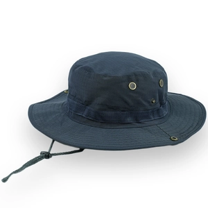 Detail of navy blue ripstop tactical boonie hat with metal eyelets and adjustable cord