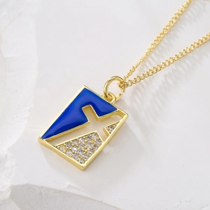 18K gold plated necklace with rectangular blue enamel and sparkling zircon pendant