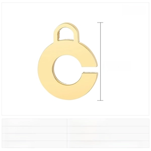 Macro shot of gold-plated stainless steel letter C pendant with 23x18mm size specs