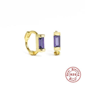 S925 sterling silver gold hoop earrings featuring rectangular purple zircon stones