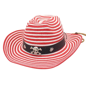 Handwoven straw cowboy hat with red and white stripes and silver skull metal ornaments