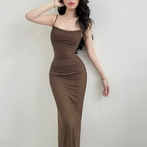 Slim fit brown ruched sleeveless maxi dress for women featuring a bodycon silhouette