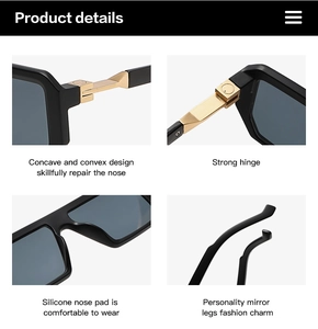 Detail of trendy square sunglasses showing sturdy metal hinges and soft silicone nose pads