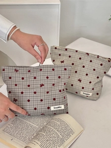 Borsa Da Trucco A Quadri Poliestere Tela Pois Ricamo Fiocco Grande Capacità Organizzatore Da Viaggio Donna