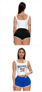 Front and back detail of white athletic tank top with ORIGINAL 91 print and sporty shorts