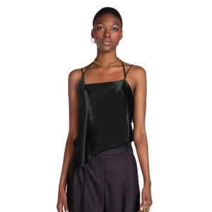 Women's black satin halter top with asymmetrical design and open back neck tie
