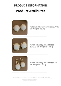 Detailed size and weight specs for cream pearl earrings in various geometric shapes