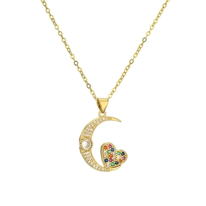 Golden moon and heart pendant necklace with micro-paved zircons on a delicate chain