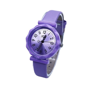 Minimalist purple silicone jelly watch with brushed dial and leather texture strap